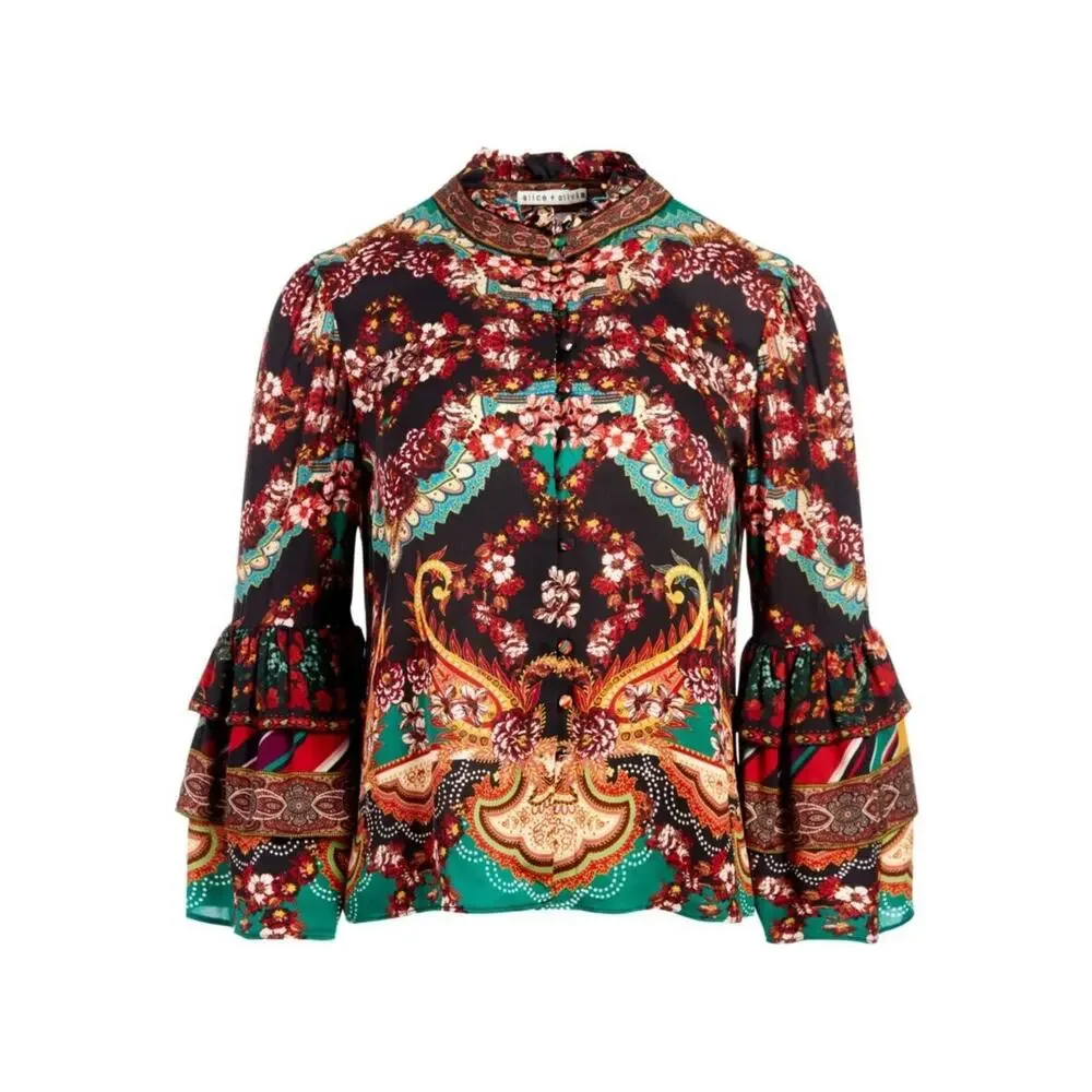 Alice and Olivia Liberty Printed Button-Front Tiered Ruffled Blouse Small - Picture 6 of 13